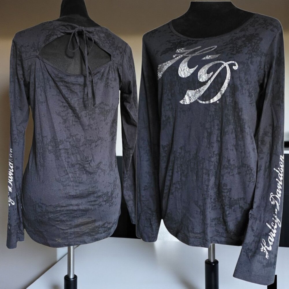 HARLEY DAVIDSON ( MED ) Black Distressed Silver Glitter Keyhole/Tie Back L/S Top